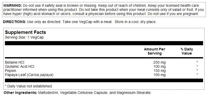 HCL with Pepsin 250mg 180caps by Solaray