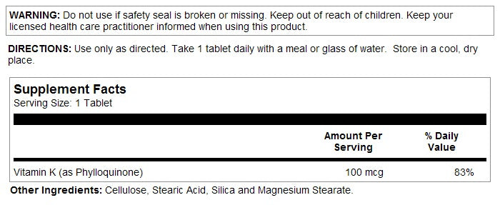 Vitamin K 100mcg 100tabs by Kal