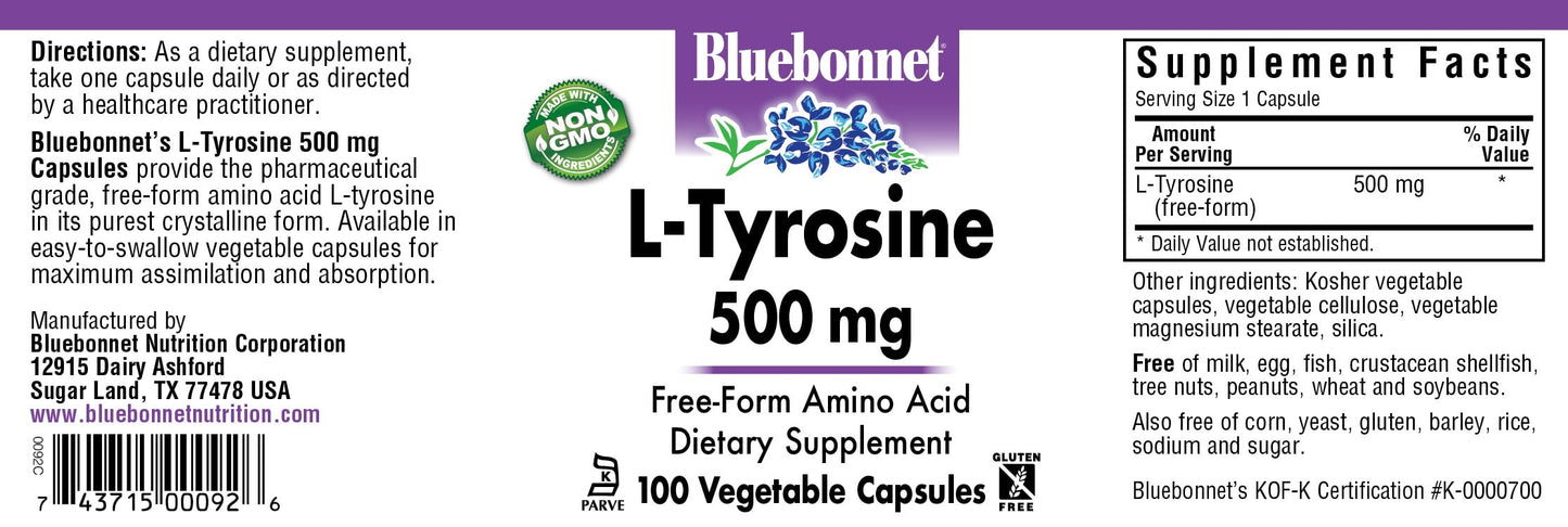 L-Tyrosine 500mg 100VegCaps by Bluebonnet