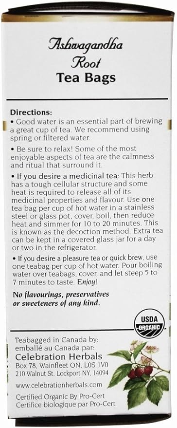 Ashwagandha Root Organic Tea Bags by Celebration Herbals