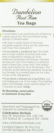 Dandelion Root Raw Organic Tea Bags by Celebration Herbals