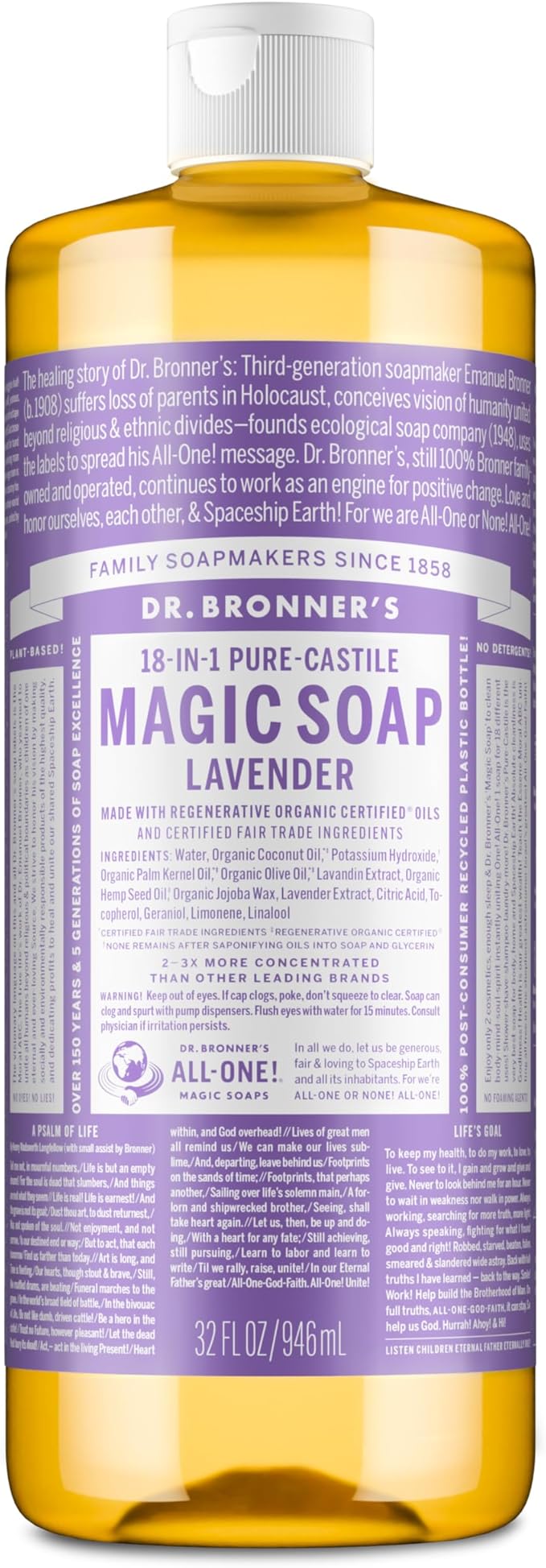 Pure-Castile Liquid Soap Lavender 32oz by Dr. Bronner’s