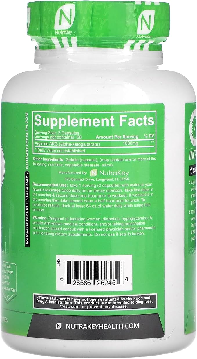Arginine 500mg 100 Capsules by Nutrakey