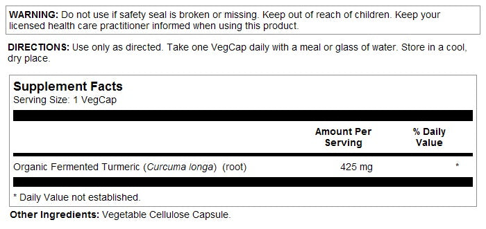 Turmeric Organic Fermented 425mg 100VegCaps by Solaray