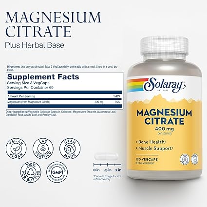 Magnesium Citrate 400mg 180VegCaps by Solaray