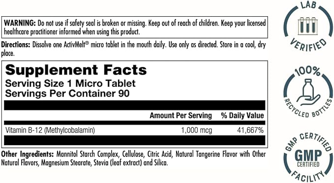 B-12 Methylcobalamin 1,000mcg 90MicroTabs Tangerine by Kal