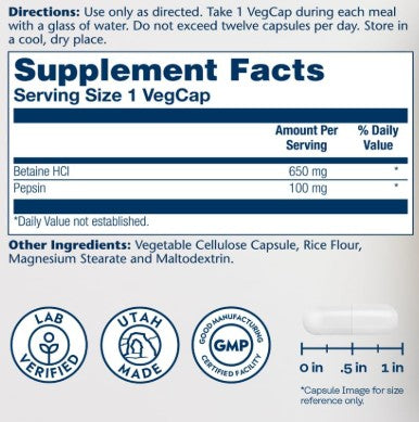 HCL with Pepsin 650mg 250 Veg Capsules by Solaray