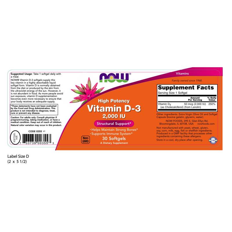 Vitamin D-3 2,000 IU 30sg by Now