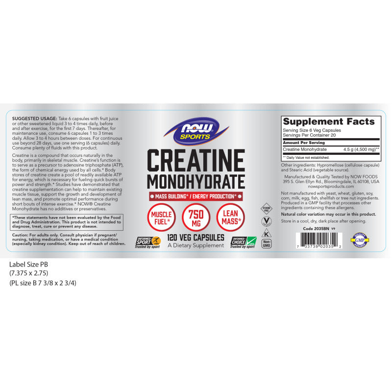 Creatine Monohydrate 750mg 120VegCaps by Now