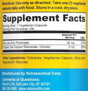 Zinc 30mg with Copper Capsules by Nature's Life