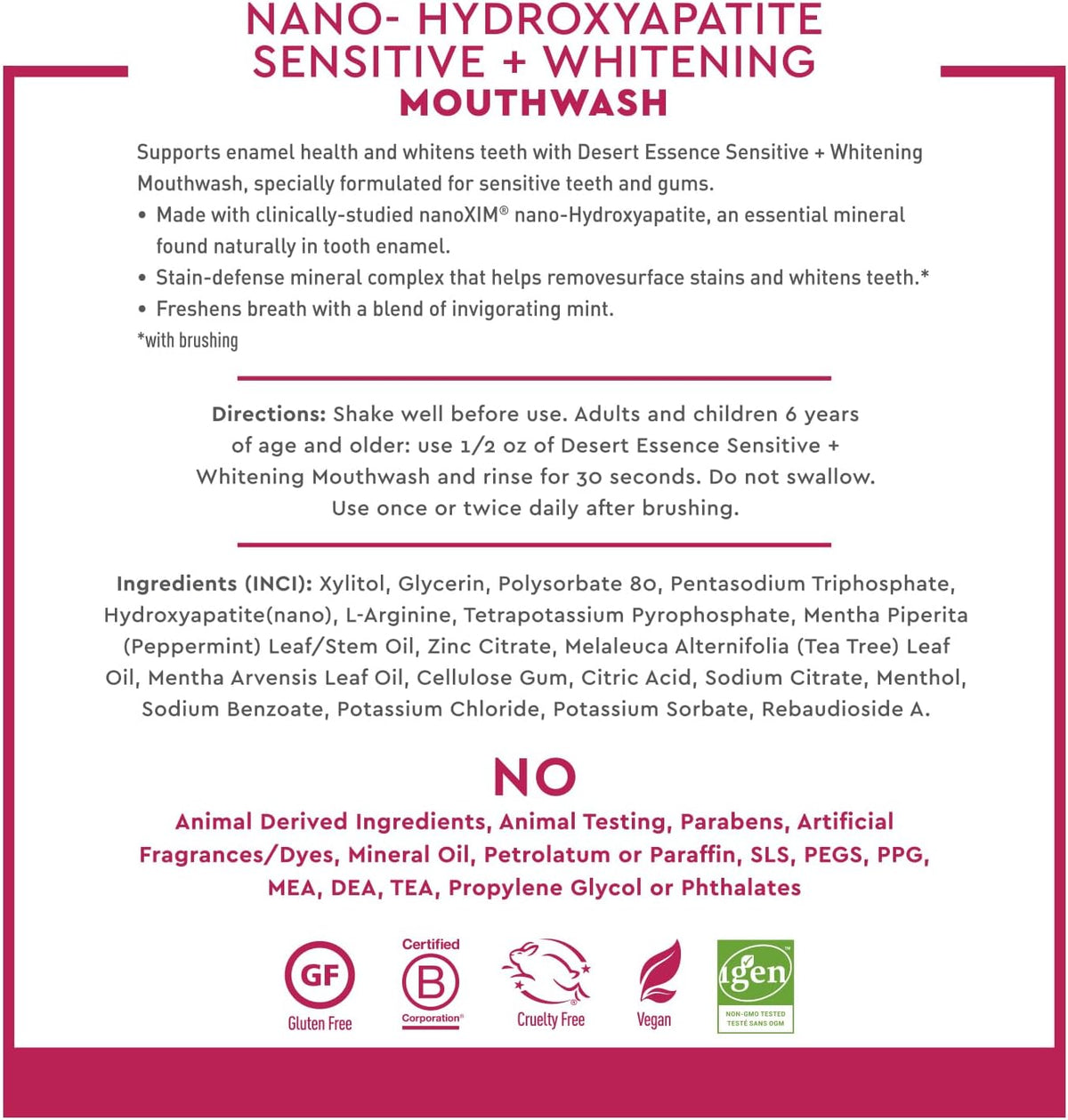 Nano-Hydroxyapatite Sensitive+ Whitening Fresh Mint Mouthwash by Desert Essence