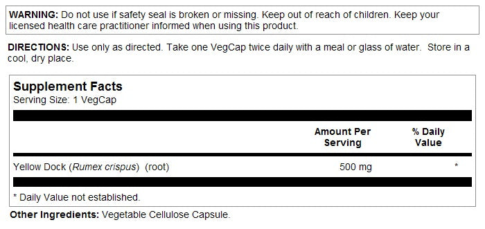 Yellow Dock 500mg 100VegCaps by Solaray