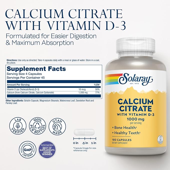 Calcium Citrate 1000mg with D3 180caps by Solaray