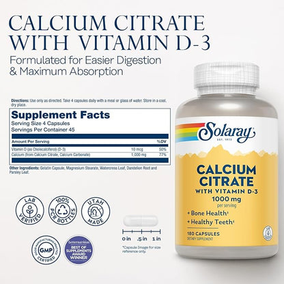 Calcium Citrate 1000mg with D3 180caps by Solaray