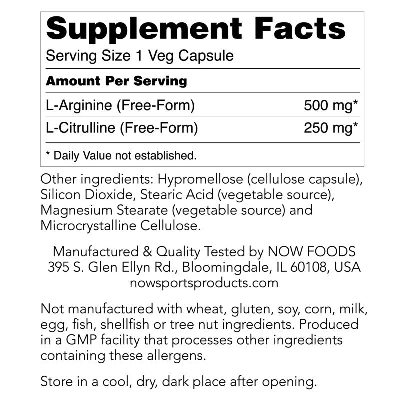 Arginine 500mg and Citrulline 250mg 120VegCaps by Now