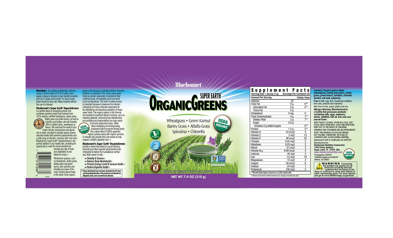 Super Earth Organic Greens 7.4oz by Bluebonnet