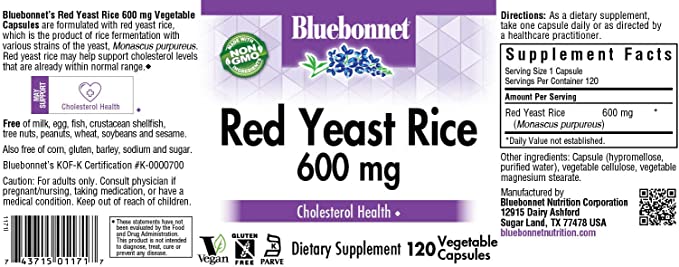 Red Yeast Rice 600mg Veg Capsules by Bluebonnet