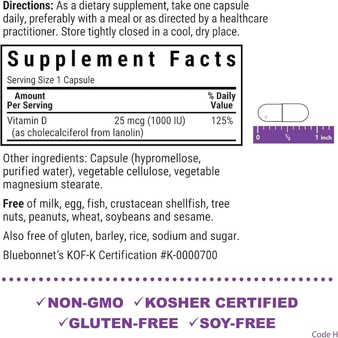 Vitamin D3 1000iu Capsules by Bluebonnet