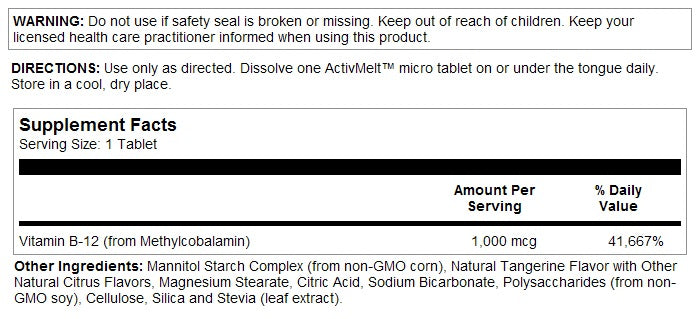 B-12 Methylcobalamin 1,000mcg 90MicroTabs Tangerine by Kal