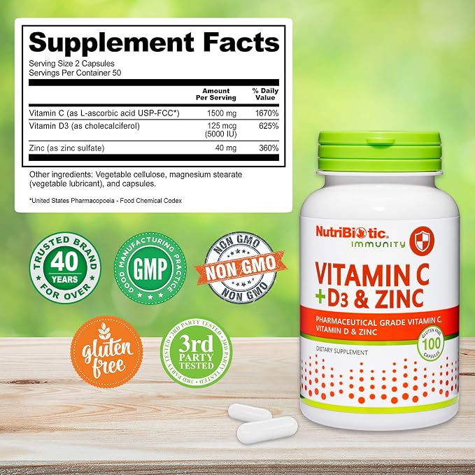 Vitamin C D3 & Zinc Capsules by Nutribiotic