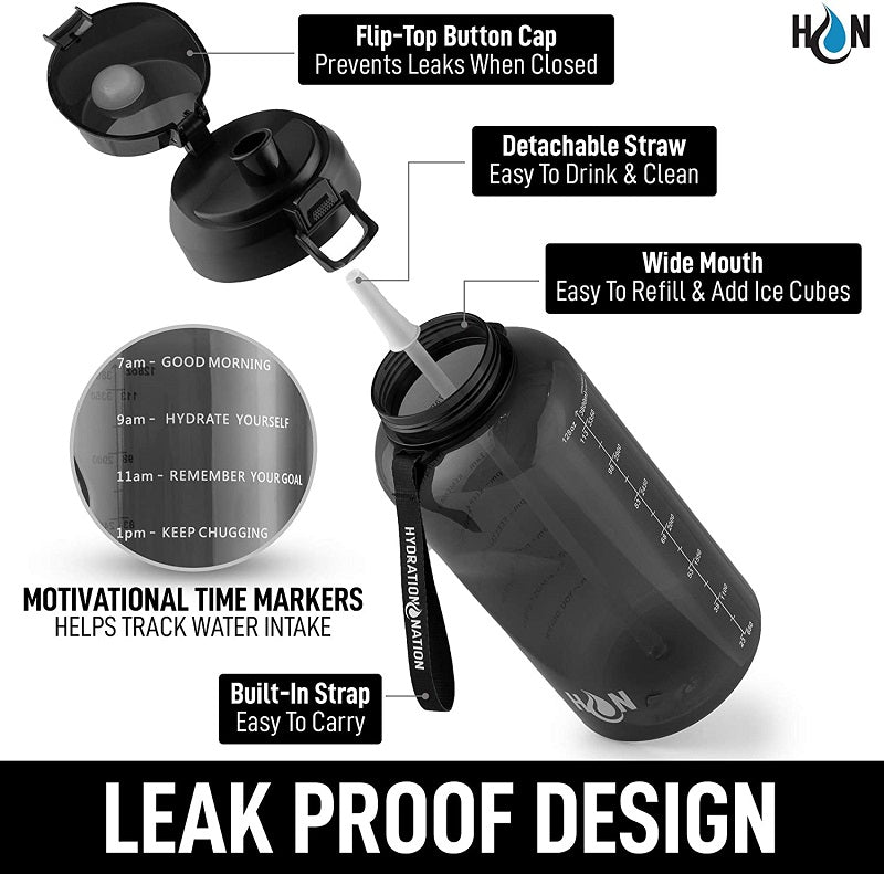 Gallon Bottle with Straw & Time Marker Black by Hydration Nation