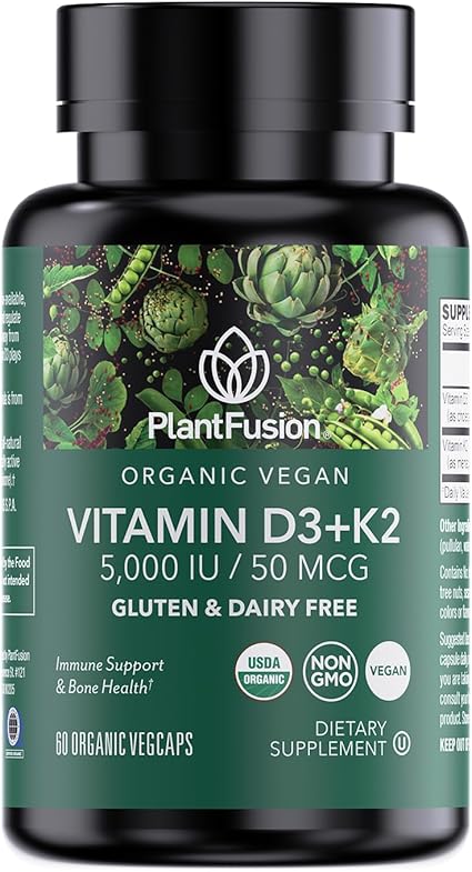 Organic Vegan Vitamin D3 5,000iu + K2 50mcg Capsules by Plant Fusion