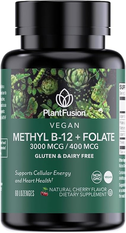 Vegan Methyl B12 3000mcg + Folate 400mcg Cherry Lozenges by Plant Fusion