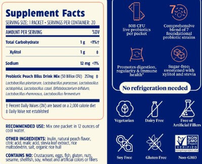 Probiotic Sugar Free Drink Mix Peach Powder Packets by Enzymedica