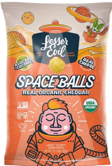 Space Balls Organic Cheddar Flavored Corn Puffs by Lesser Evil