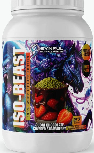 Iso-Beast Protein Dubai Chocolate Covered Strawberry by Synful Supplements