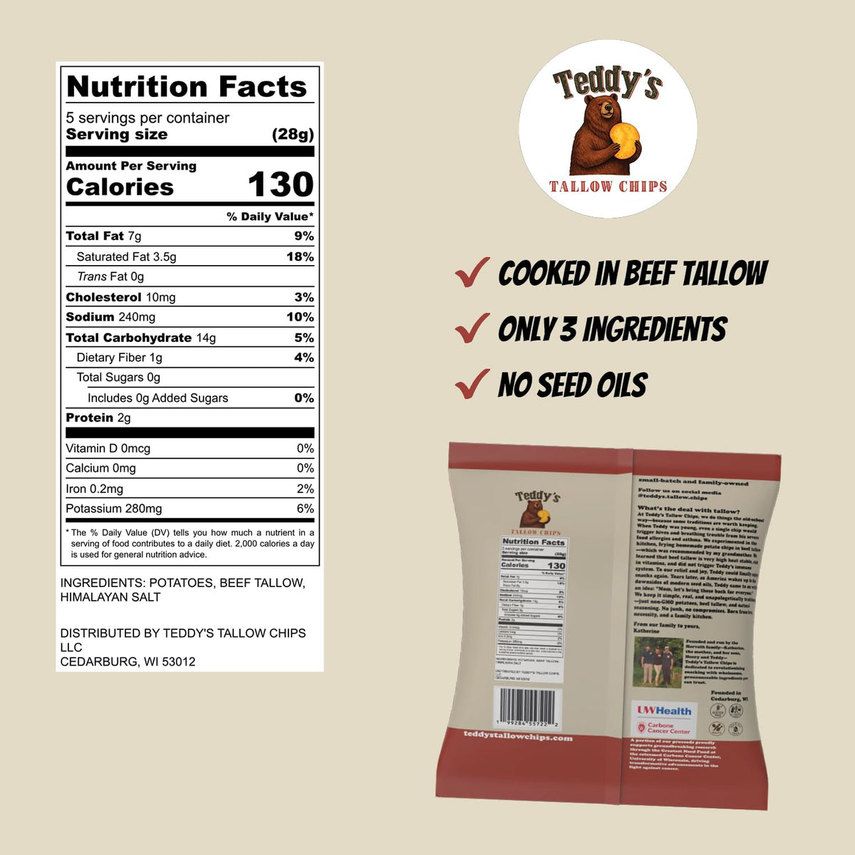 Beef Tallow Potato Chips Himalayan Salt by Teddy's