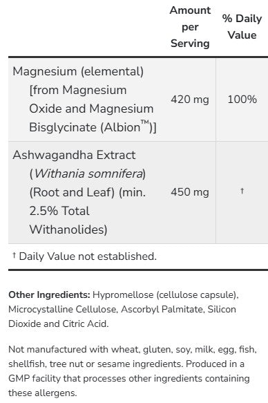 Magnesium + Aswagandha Capsules by Now Foods