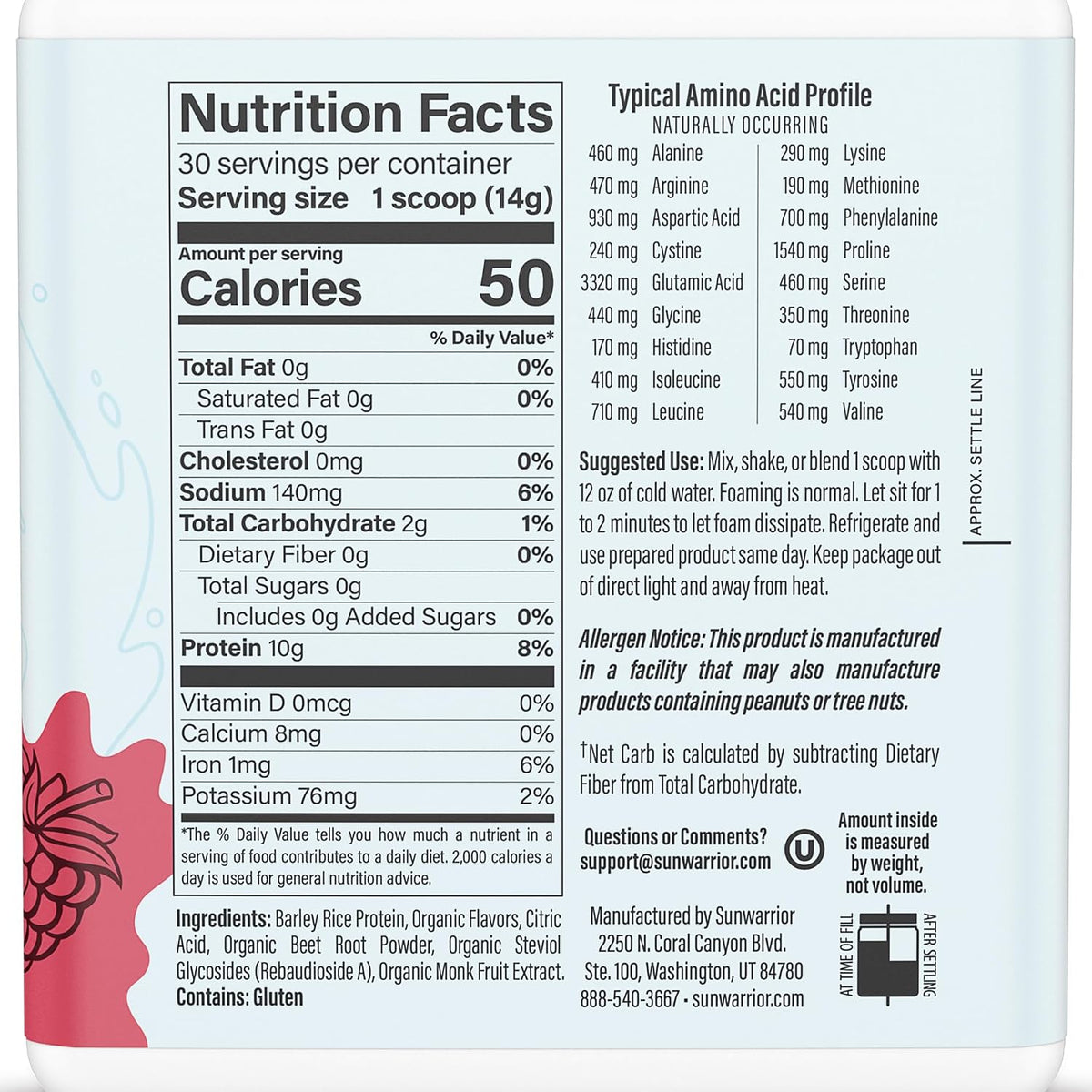 Clear Plant Based Protein Refresher Raspberry Powder by Sunwarrior